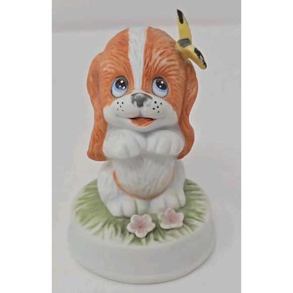 Vintage Puppy Dog Figurine Napcoware Butterfly Flowers Bisque Mini Napco #9185 U - Picture 1 of 7